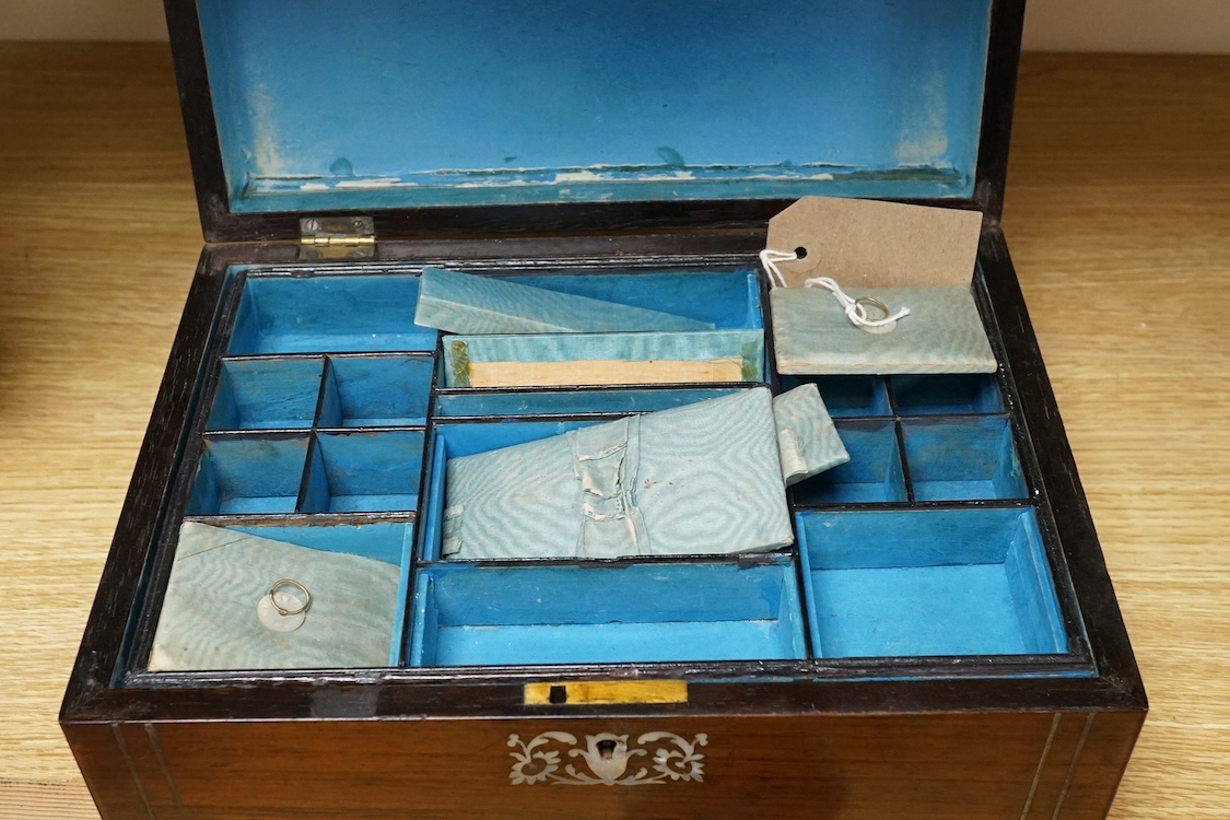 A 19th century rosewood and mother of pearl inlaid work box, 28cm high